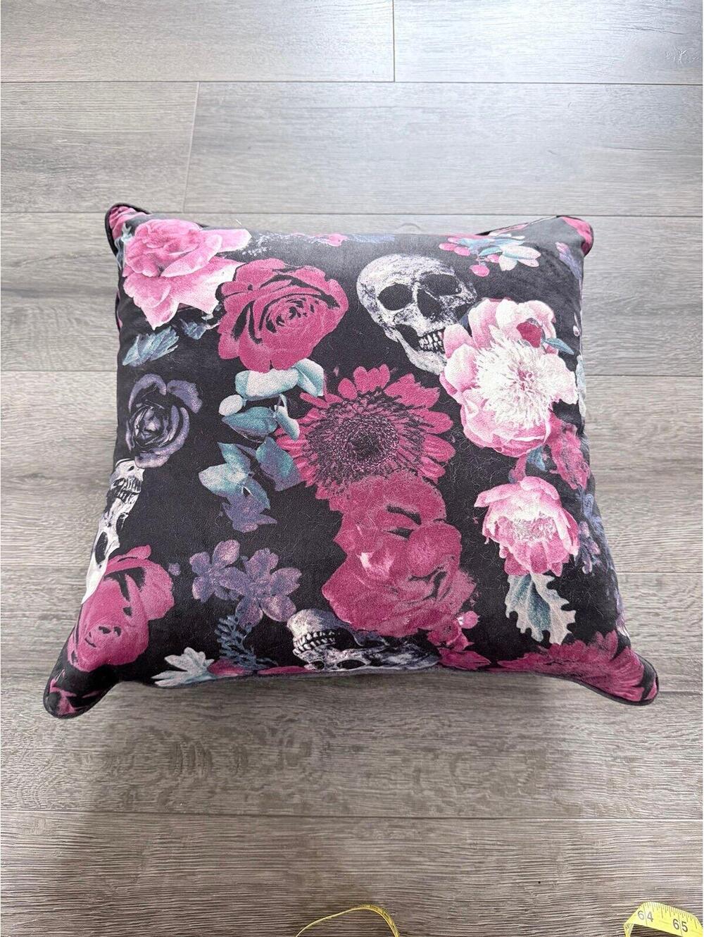 Reversible Gothic Halloween Throw Pillow Skull Floral Bat Black Pink Decor